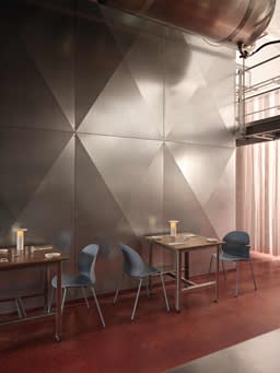 Dining room with blue chairs at tables