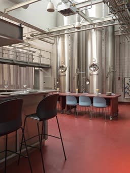 Industrial kitchen with blue chairs